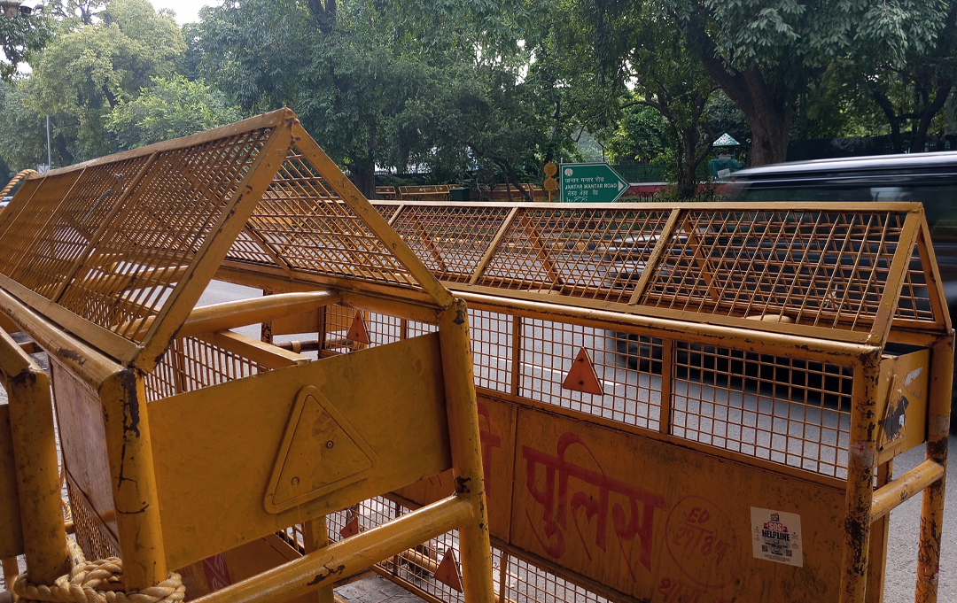 The barricades at Jantar Mantar road that now lay pushed to the sides crowding the walkways.